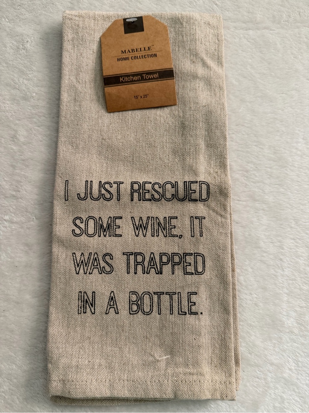 Mabelle Home Collection Funny Beige Kitchen Towel - 'I Just Rescued Some Wine'